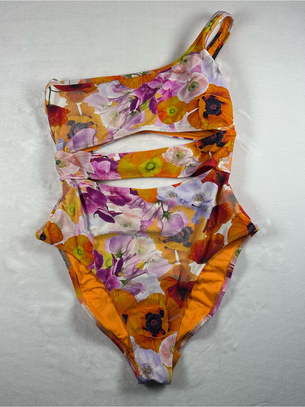 aerie Floral One-Shoulder Cutout One-Piece - Orange, Purple, Pink